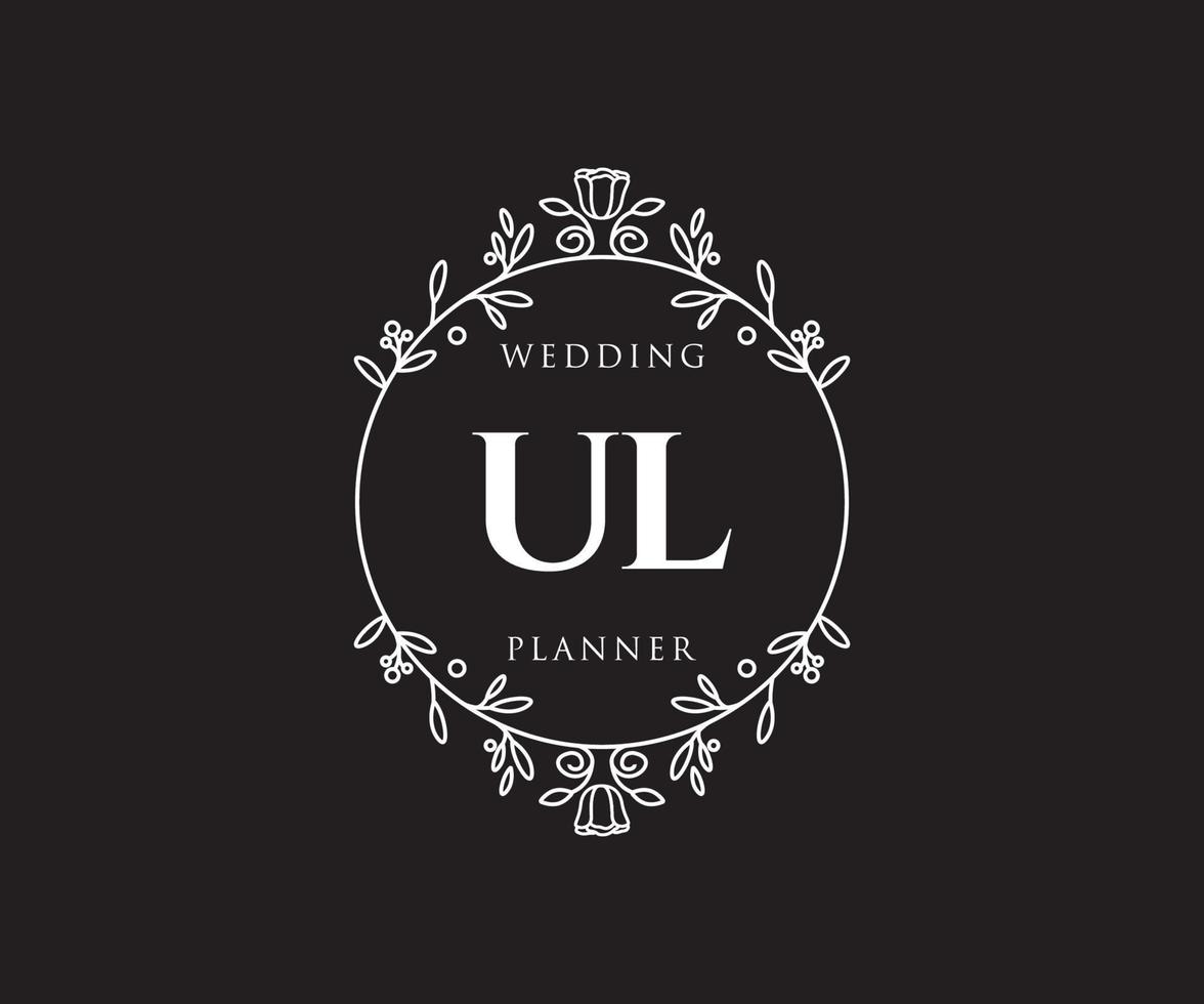 Colección de logotipos de monograma de boda con letras iniciales ul, plantillas florales y minimalistas modernas dibujadas a mano para tarjetas de invitación, guardar la fecha, identidad elegante para restaurante, boutique, café en vector