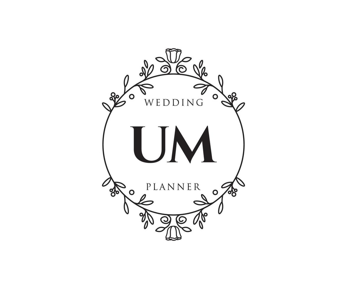 colección de logotipos de monograma de boda con letras iniciales de um, plantillas florales y minimalistas modernas dibujadas a mano para tarjetas de invitación, guardar la fecha, identidad elegante para restaurante, boutique, café en vector