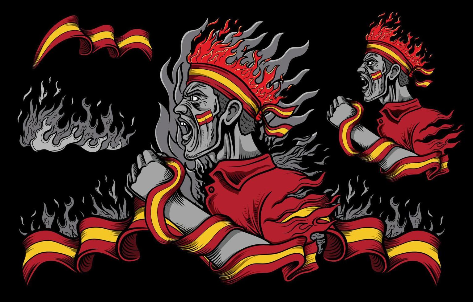 Spain Flag and Fire elements with People Screaming vector