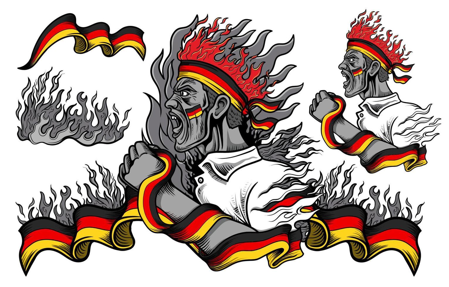 bandera de alemania y elementos de fuego con gente gritando vector