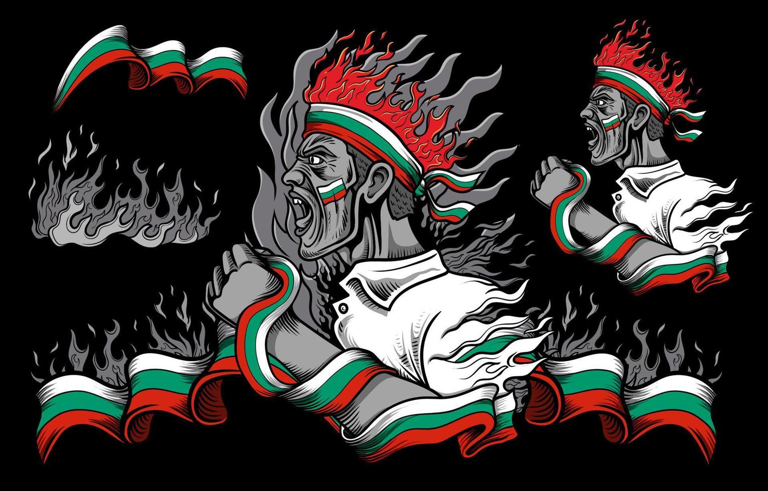 bandera de bulgaria y elementos de fuego con gente gritando vector