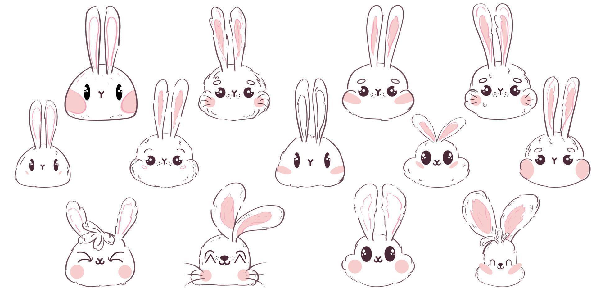 Rabbits Set. Outline Bunnies Faces. Simple cute silhouette faces of hares vector