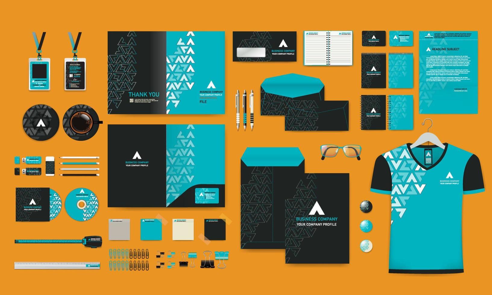 Professional business stationery items set black orange modern color styles vector illustration eps
