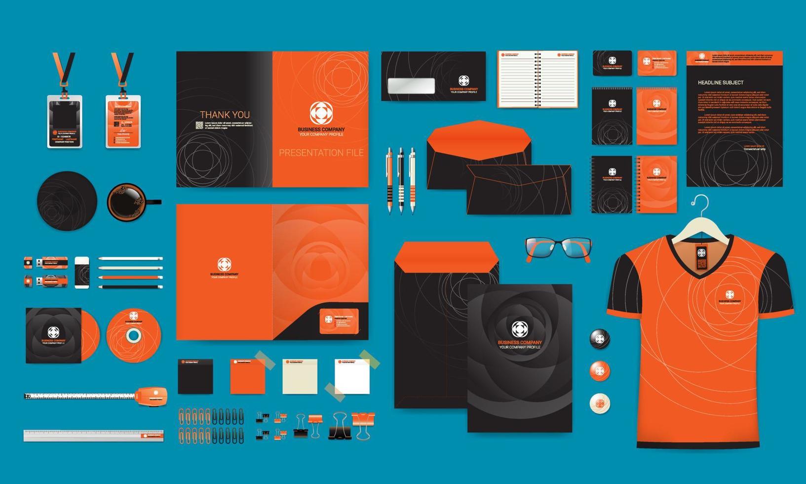 Professional business stationery items set black orange modern color styles vector illustration eps