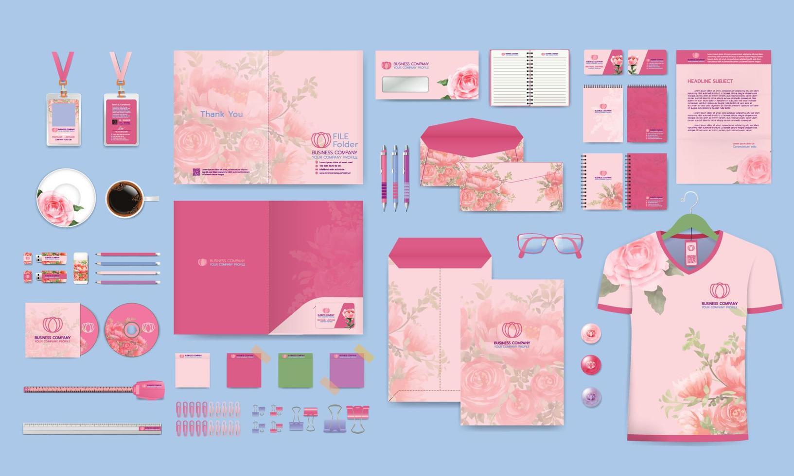 Professional love wedding business stationery items set flower color styles vector illustration eps