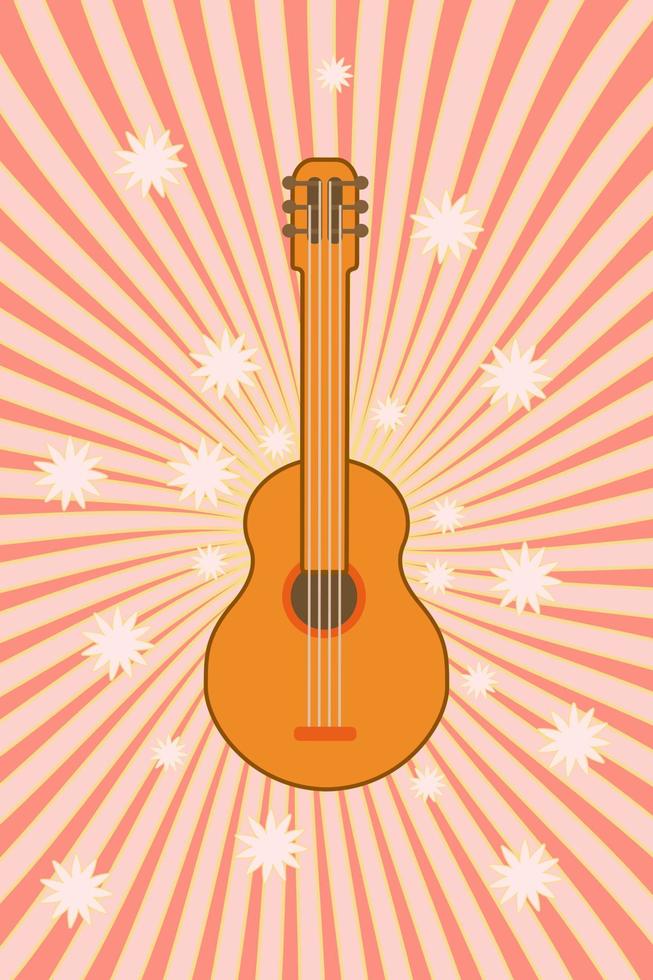 Groovy music with retro guitar. Hippie style. Vintage art design. Musical instrument. Cartoon. Vector illustration on a jolly background.