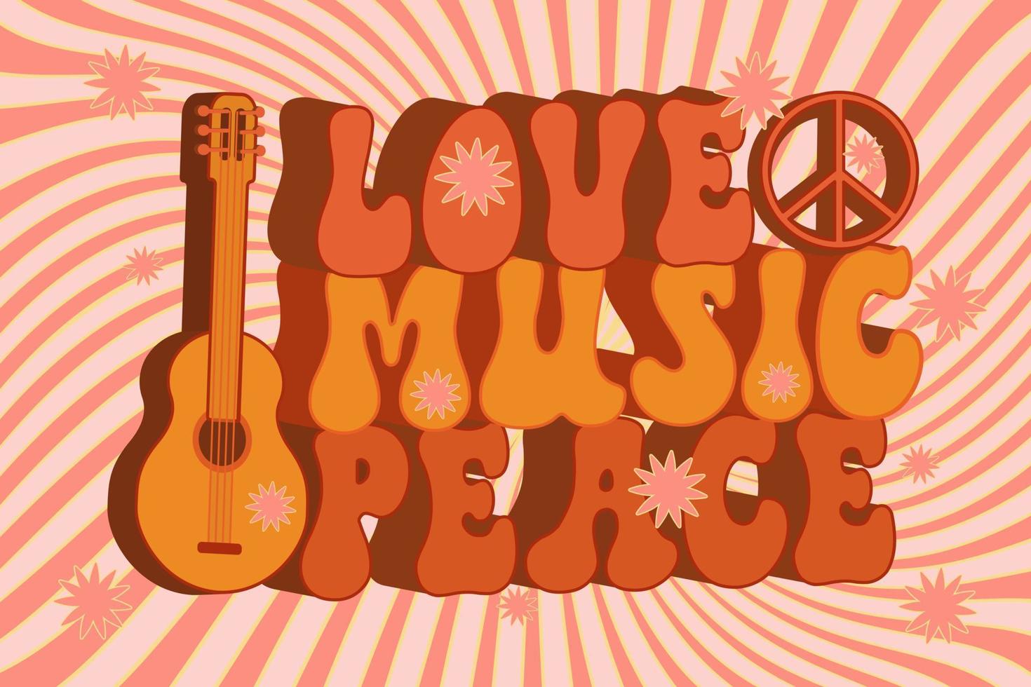 Groovy music love peace with retro guitar. Hippie style. Vintage art design. Musical instrument. Cartoon. Vector illustration on a jolly background.