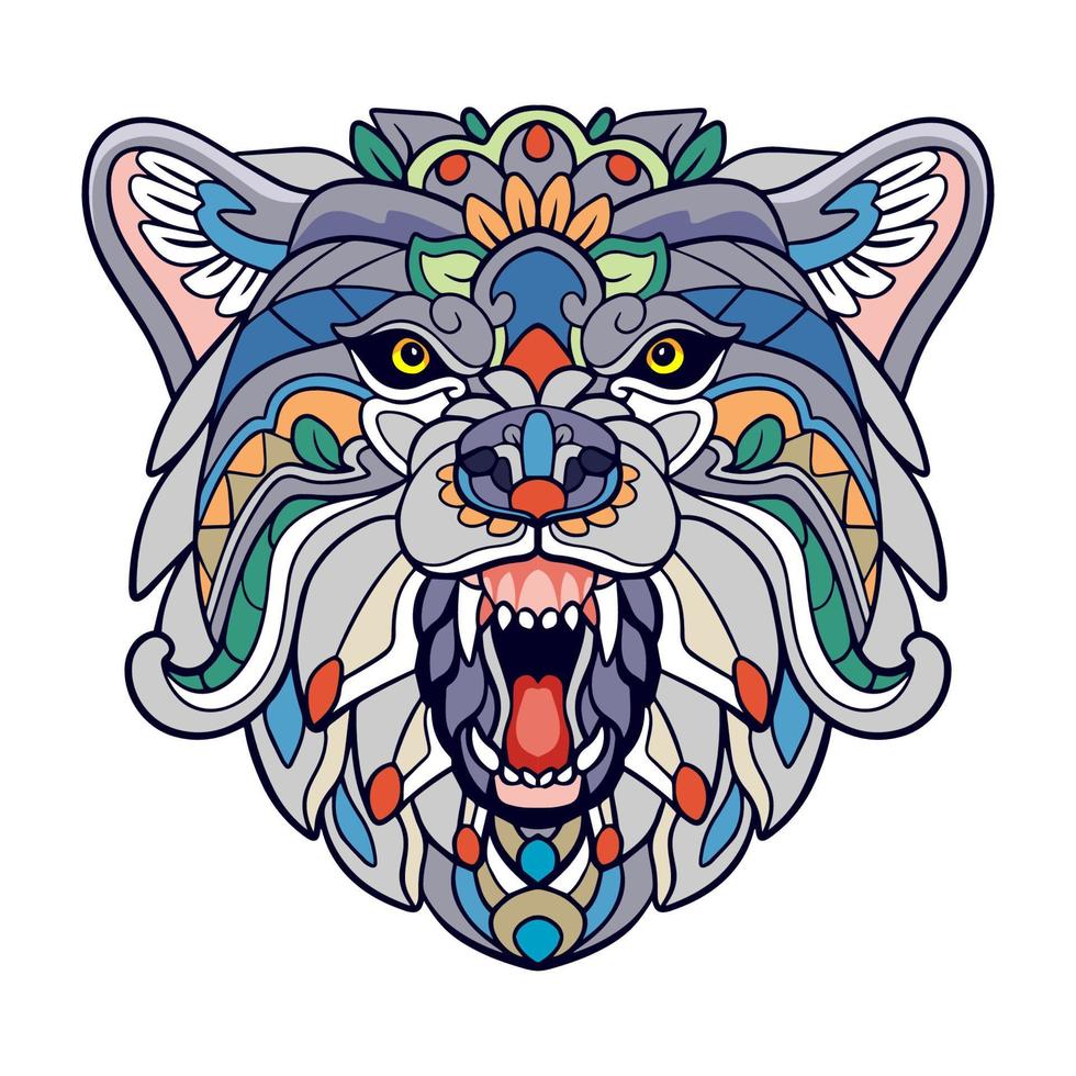 Colorido cabeza de lobo artes mandala aislado sobre fondo blanco. vector