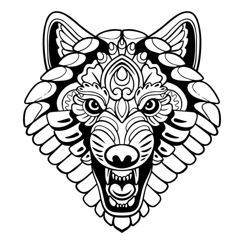 Hermosa cabeza de lobo artes mandala aislado sobre fondo blanco. vector