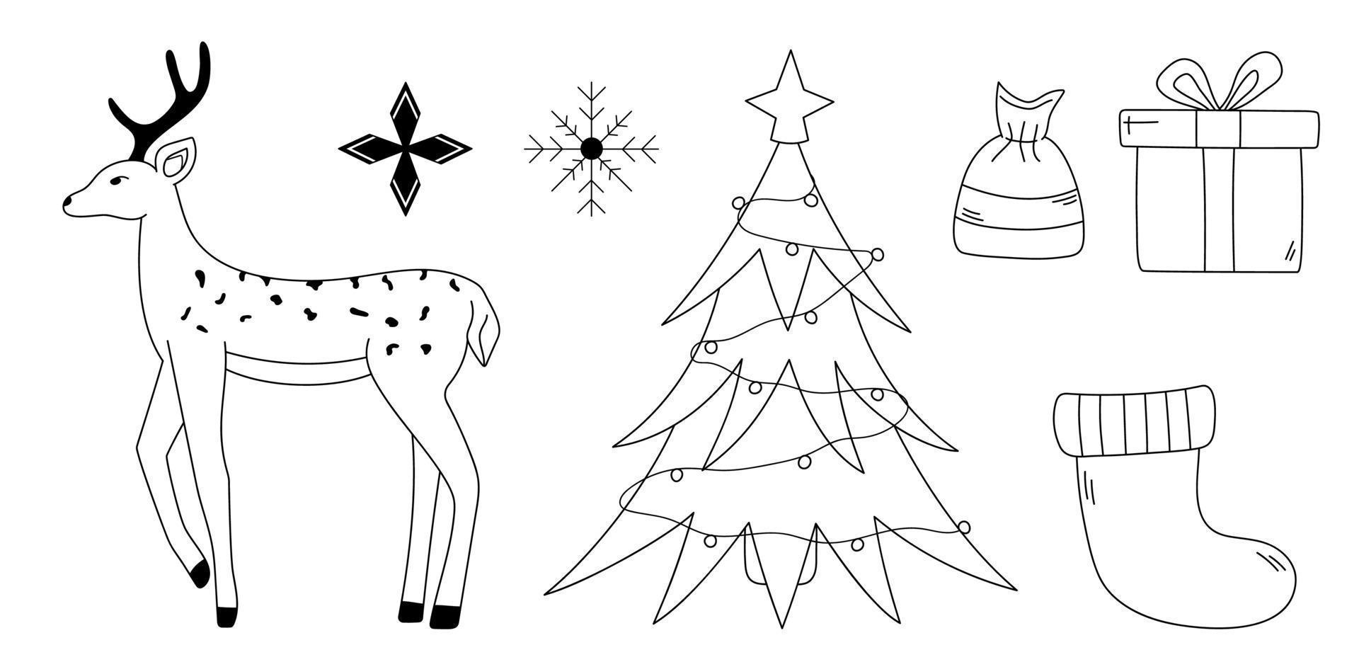 Christmas doodles set. Hand drawn outline Christmas tree, deer, snowflakes, gift box, candie. New Year vector illustration for winter decoration