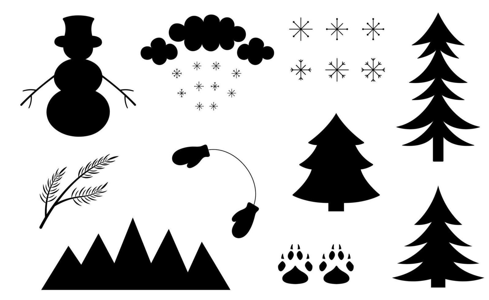 Set of winter silhouettes. Black icons of Christmas trees, snowflakes, snowman, mittens, mountains, animal footprints. Vector winter illustration