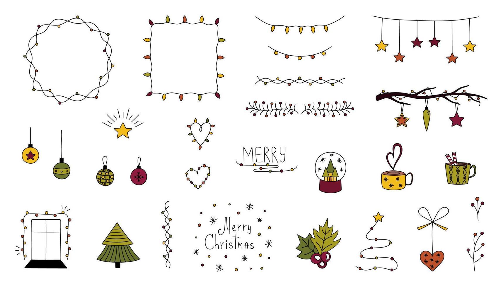 Set of Christmas, new year doodles. Collection of hand drawn Christmas frames, borders, garlands, Christmas balls, stickers. Vector winter illustration for christmas decoration