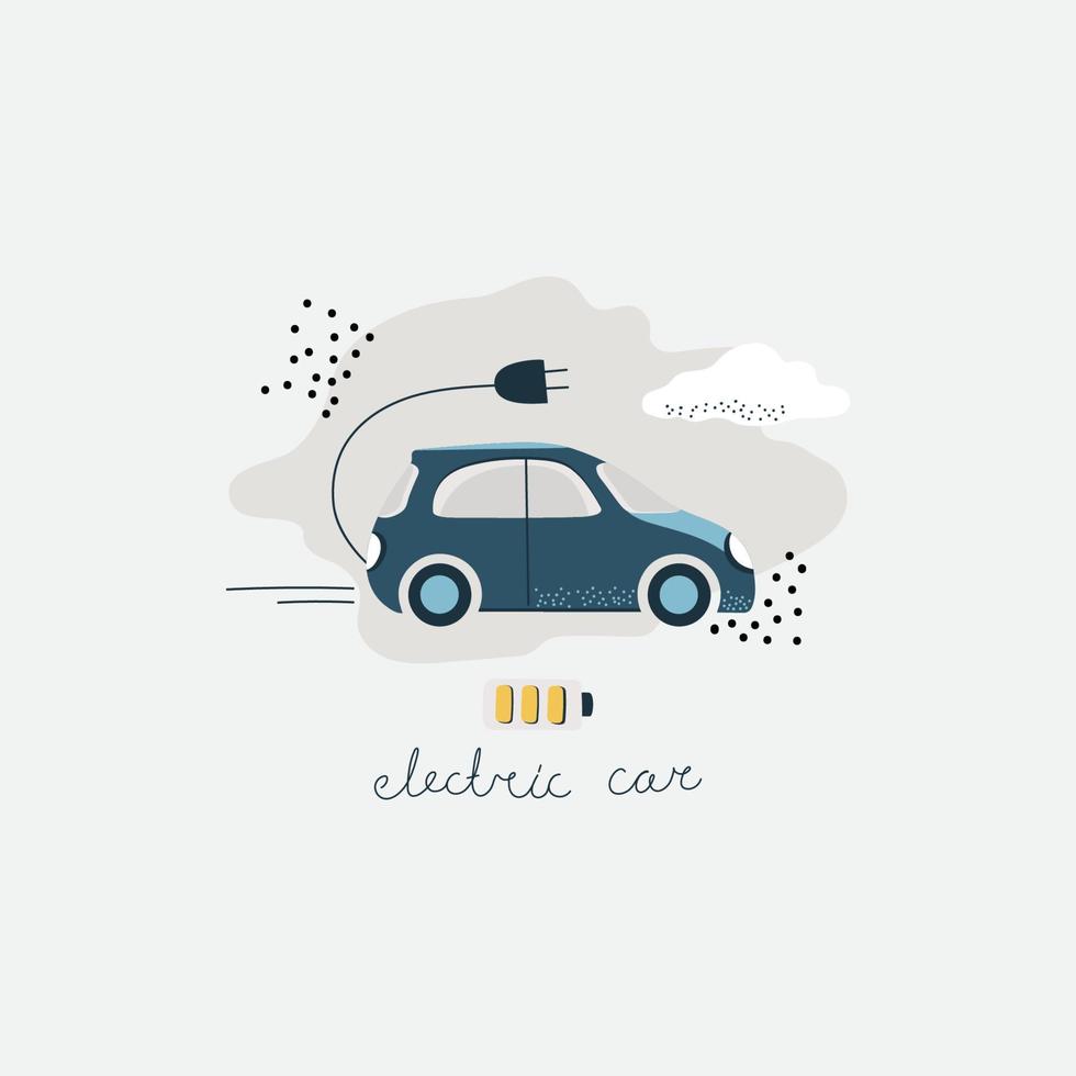 compact electric car with plug for charging. Ecological machine with renewable energy. Vector illustration. Drawing for banner, poster or social media.