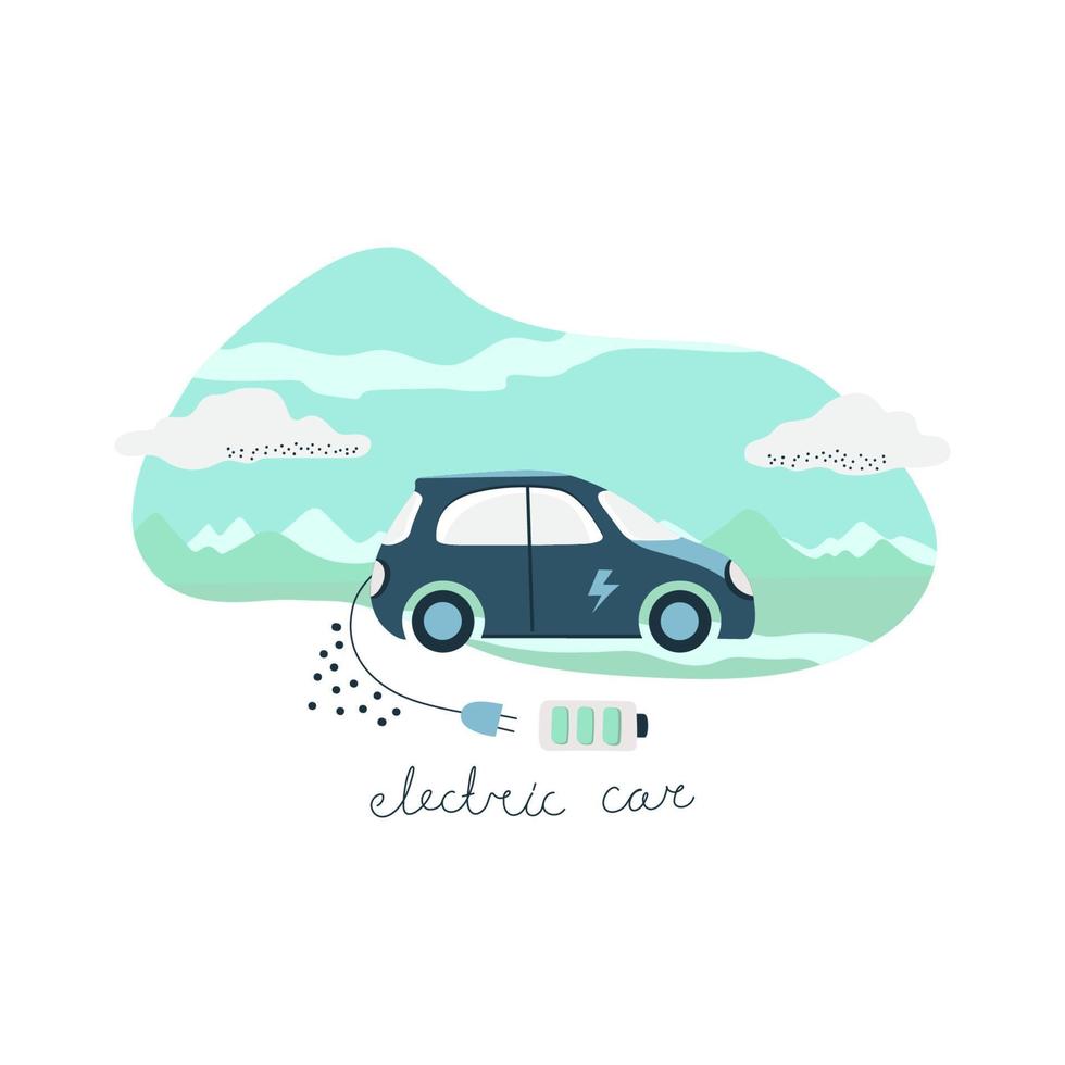 Electric car with plug charging symbol. The concept of an environmentally friendly car with a renewable energy source. Vector illustration.