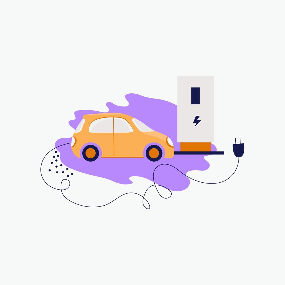 Charging an electric car in a parking lot with a fast charging station. Ecological type of fuel without harm to the environment. Hand drawn vector illustration.