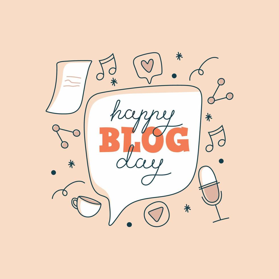 Happy Blog day vector lettering. Greeting card with phrase Happy Blog day. Nice colors combined with different icons. Concept poster for social networks, advertising, banner.