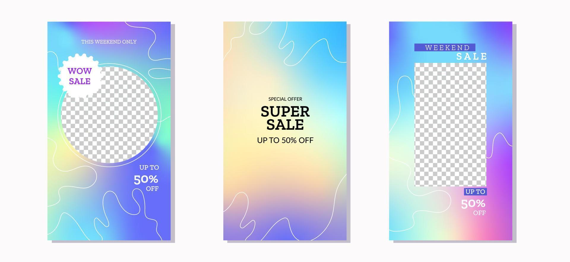 Ideas for banners or social media stories. Holographic backgrounds with the ability to insert your own photos. Used for discounts and promotional offers. Vector illustration.