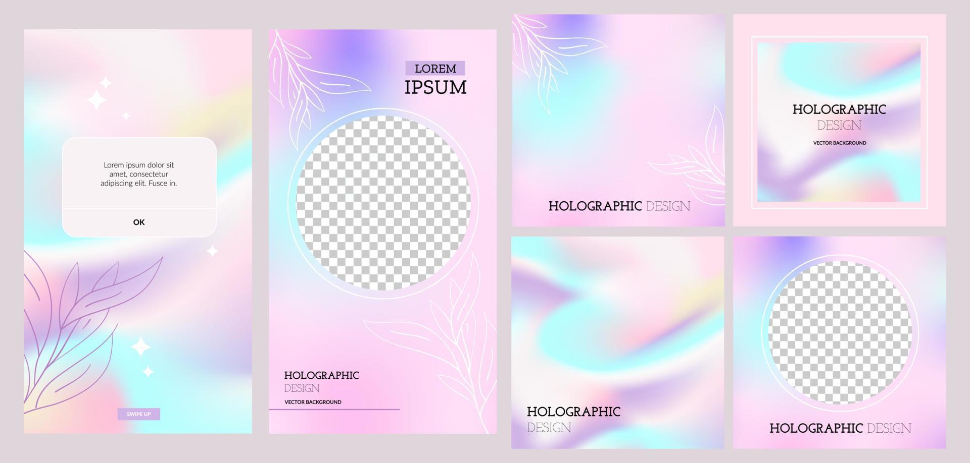 A set of backgrounds made of holographs in delicate colors with a branch and various decors. Suitable for banners, social media stories, posters and cards. Hand drawn vector illustration.