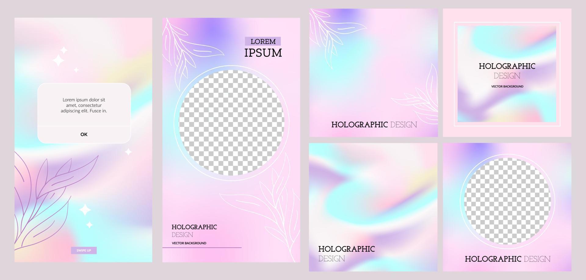 A set of backgrounds made of holographs in delicate colors with a branch and various decors. Suitable for banners, social media stories, posters and cards. Hand drawn vector illustration.