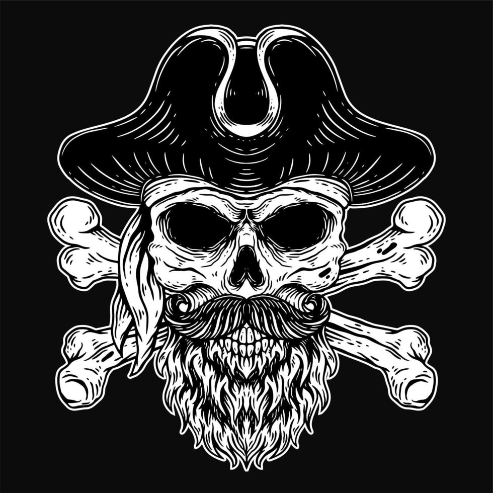 Dark Art Skull pirates captain Skeleton Vintage illustration for clothing apparel vector