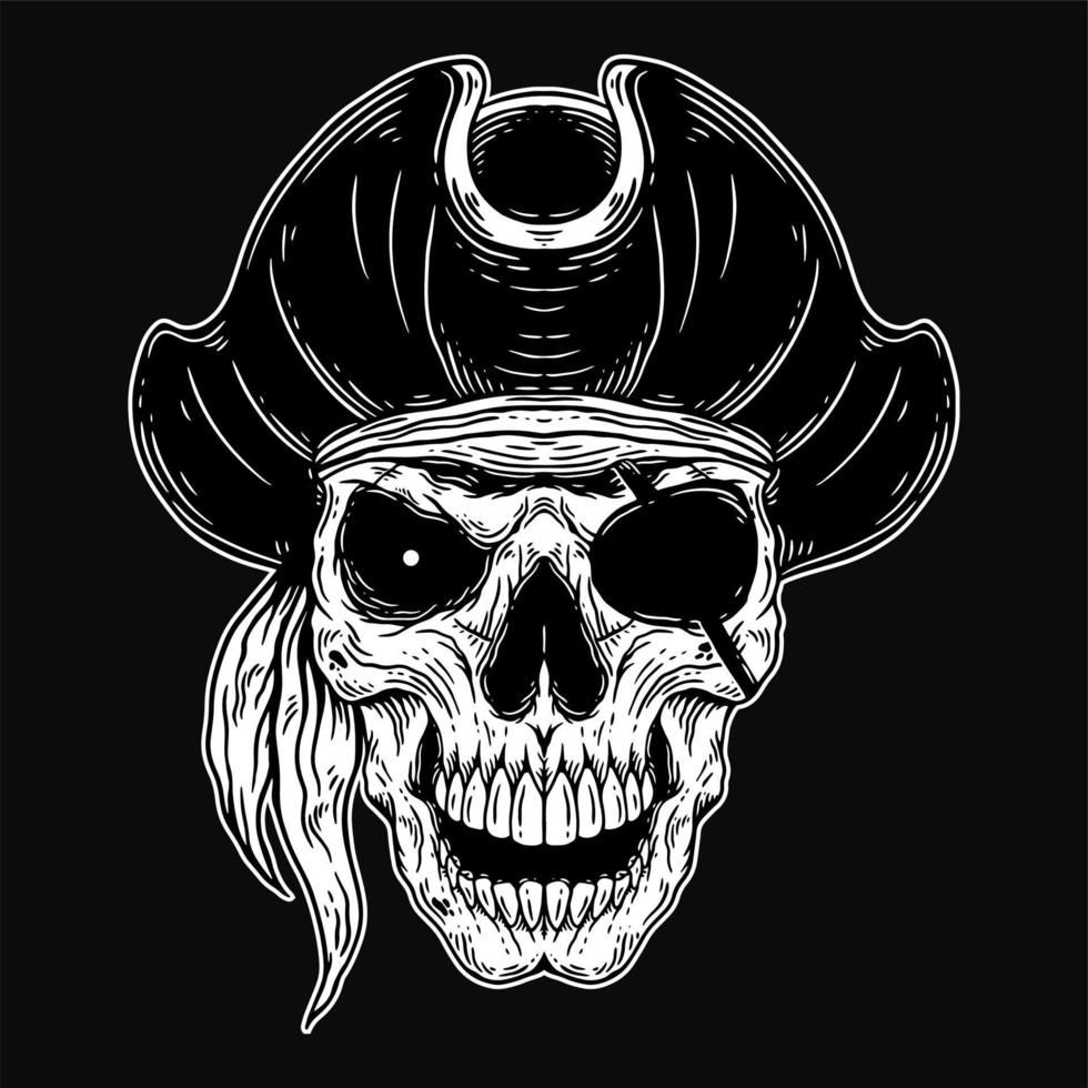 arte oscuro cráneo piratas capitán esqueleto ilustración vintage para prendas de vestir vector