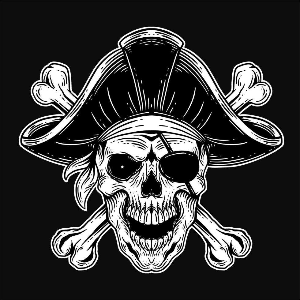 arte oscuro cráneo piratas capitán esqueleto ilustración vintage para prendas de vestir vector