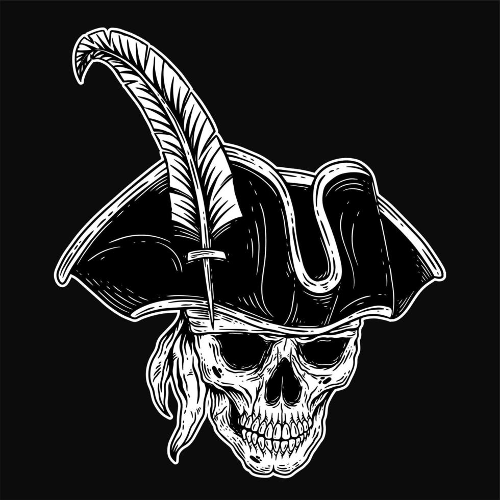 arte oscuro cráneo piratas capitán esqueleto ilustración vintage para prendas de vestir vector