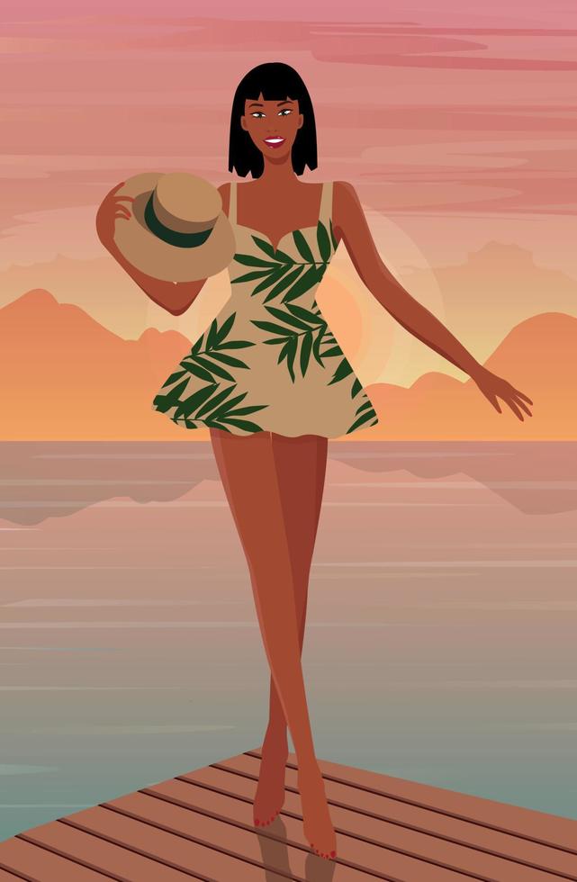 Digital illustration of a beautiful girl model resting on vacation posing against the backdrop of a bright sunset in a beautiful dress and hat vector