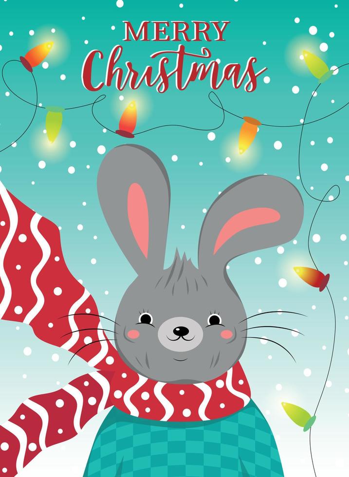 Postcard poster Merry Christmas and Happy New Year hare bunny in clothes scarf sweater and bright glowing garland lanterns vector