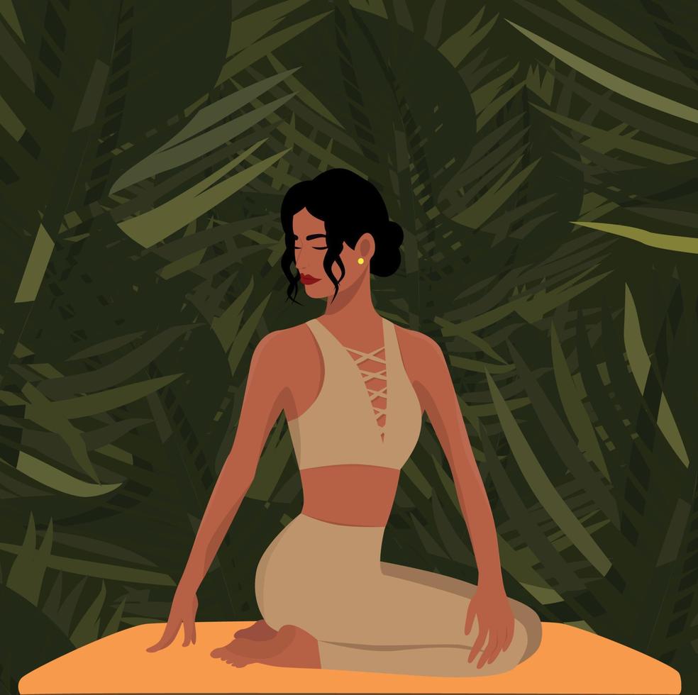 Digital illustration beautiful yogi girl in summer resting on bali island doing yoga in the jungle meditating and relaxing for health vector