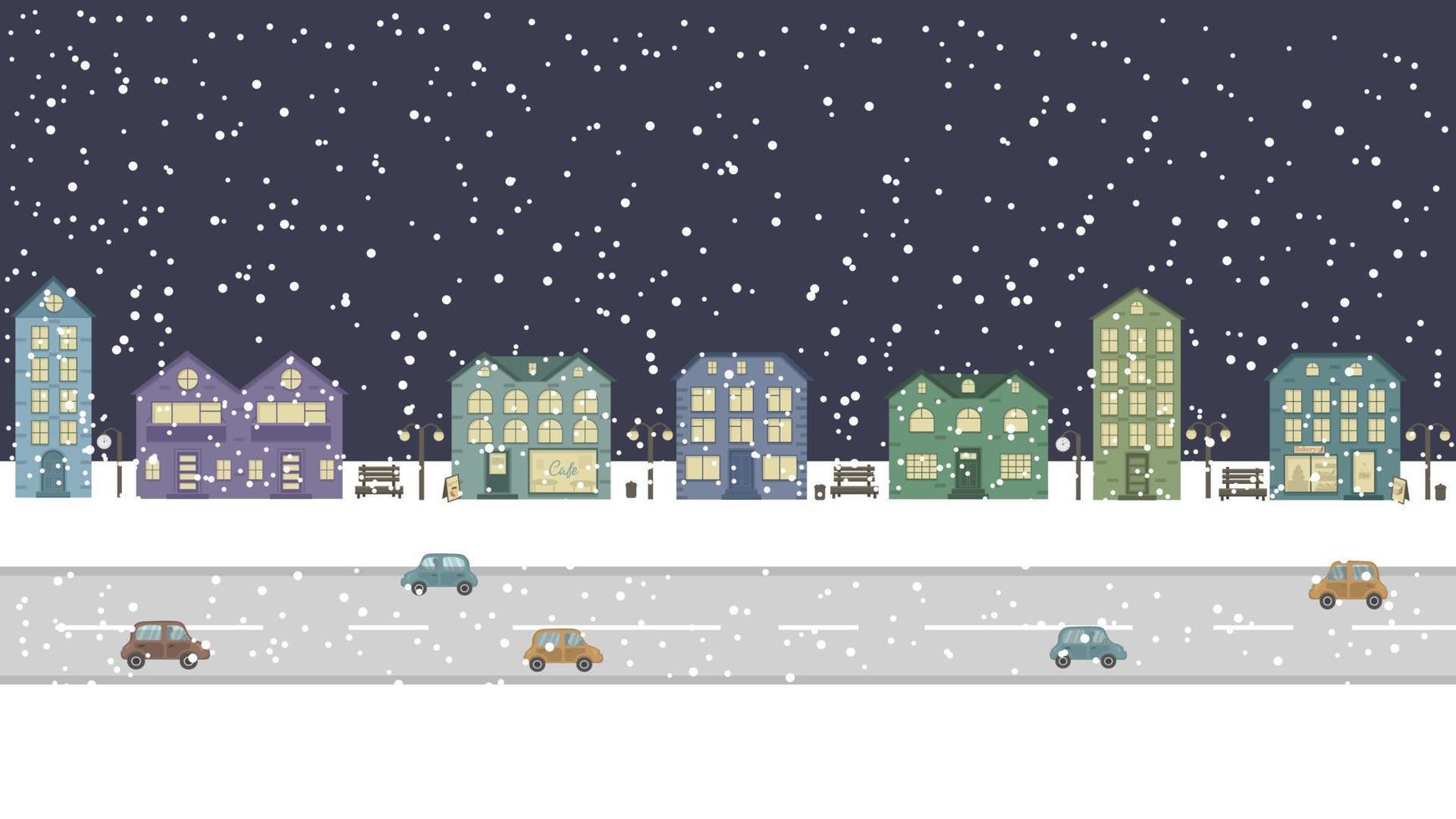 vista panorámica de la calle con casas por la noche en invierno. ilustración con edificios y detalles urbanos. casas de personas y una cafetería y una panadería entre ellos con copos de nieve. vector