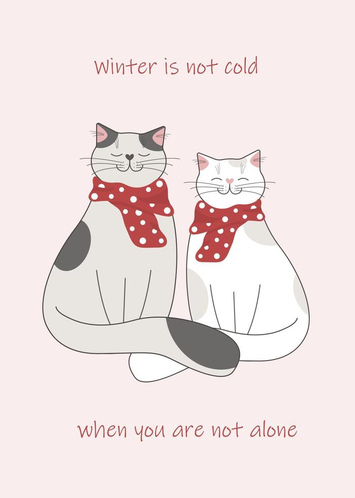 Gray and white cats sitting together in red scarves. vector