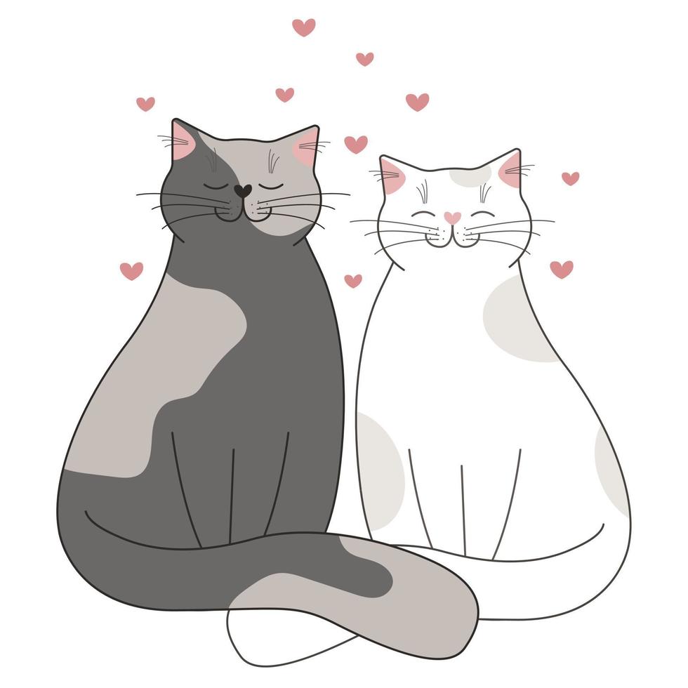 gatos grises y blancos sentados juntos con corazones alrededor. vector