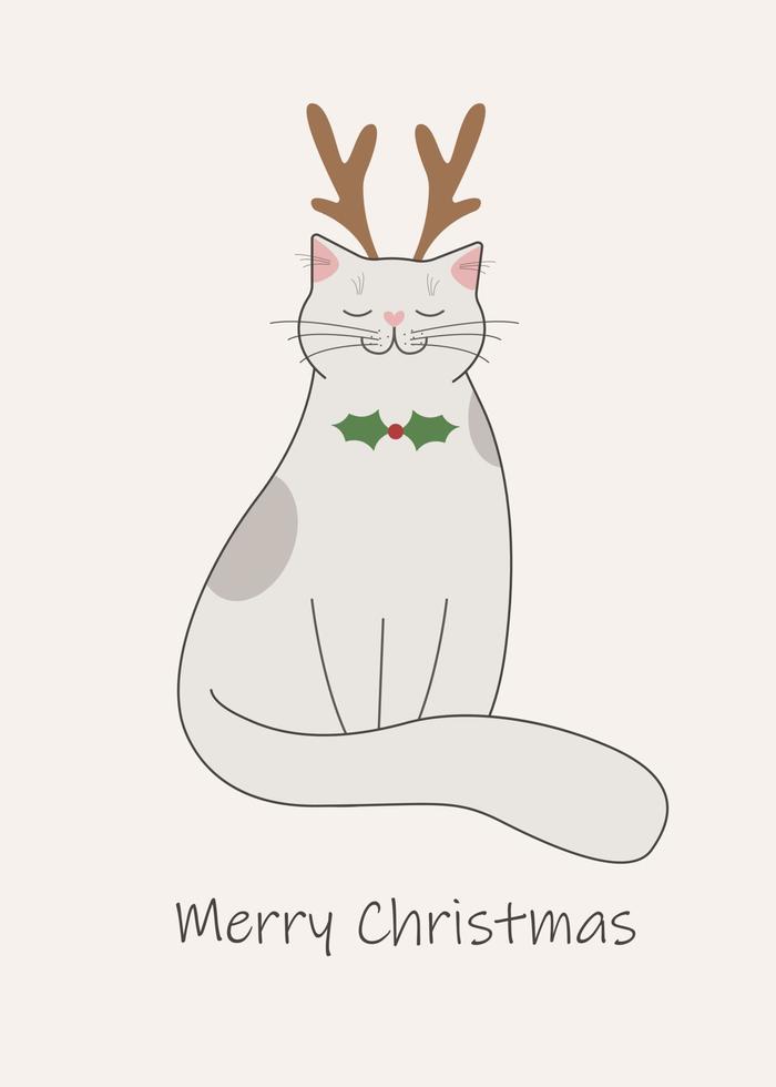 Cat with antlers its head and Christmas tree branch on the neck instead of a butterfly. vector