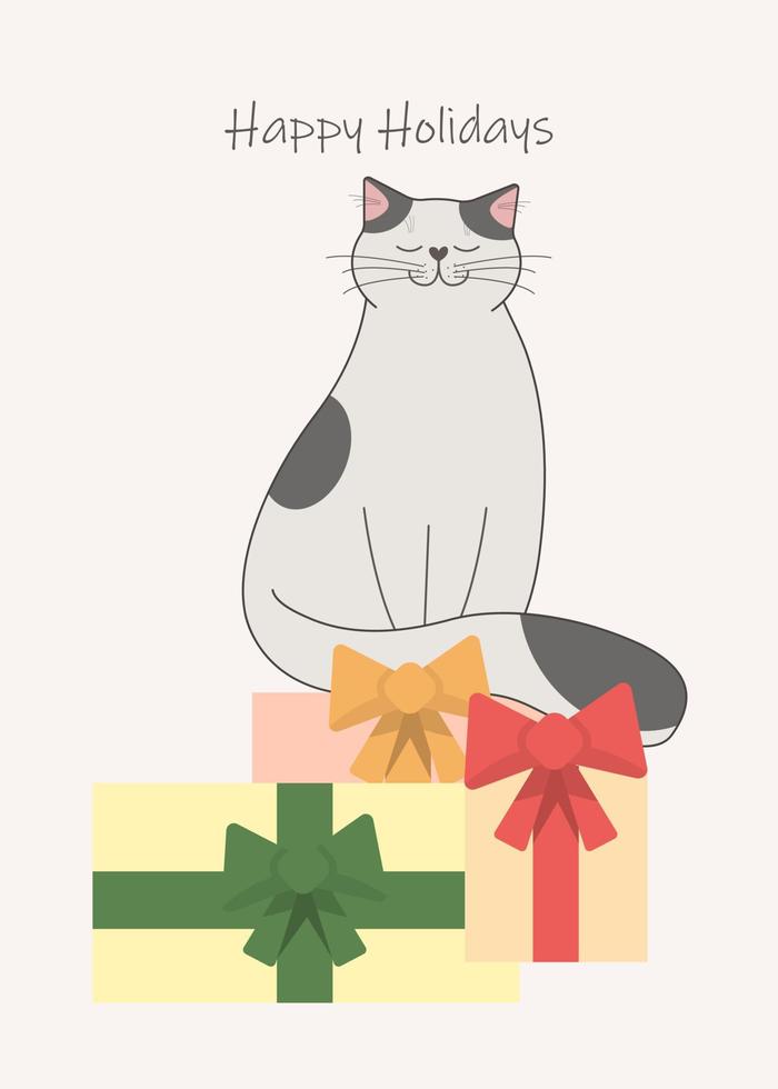 Cat sitting on christmas gifts. Winter greeting card with happy holidays inscription vector