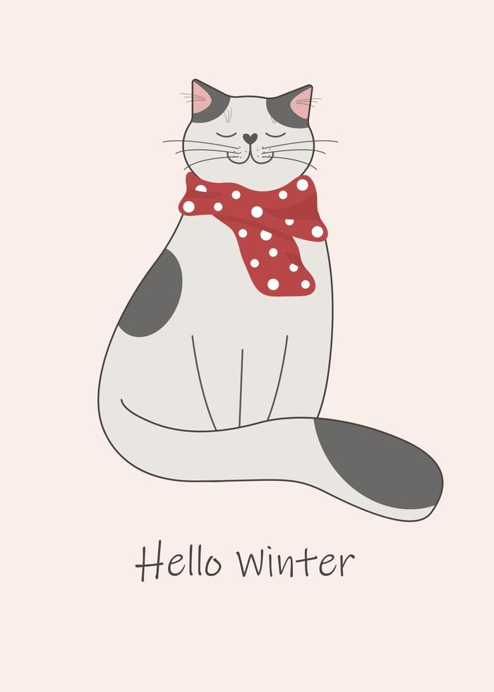 gato gris sentado en bufanda roja. ilustración de invierno de lindo animalito para vacaciones de navidad vector