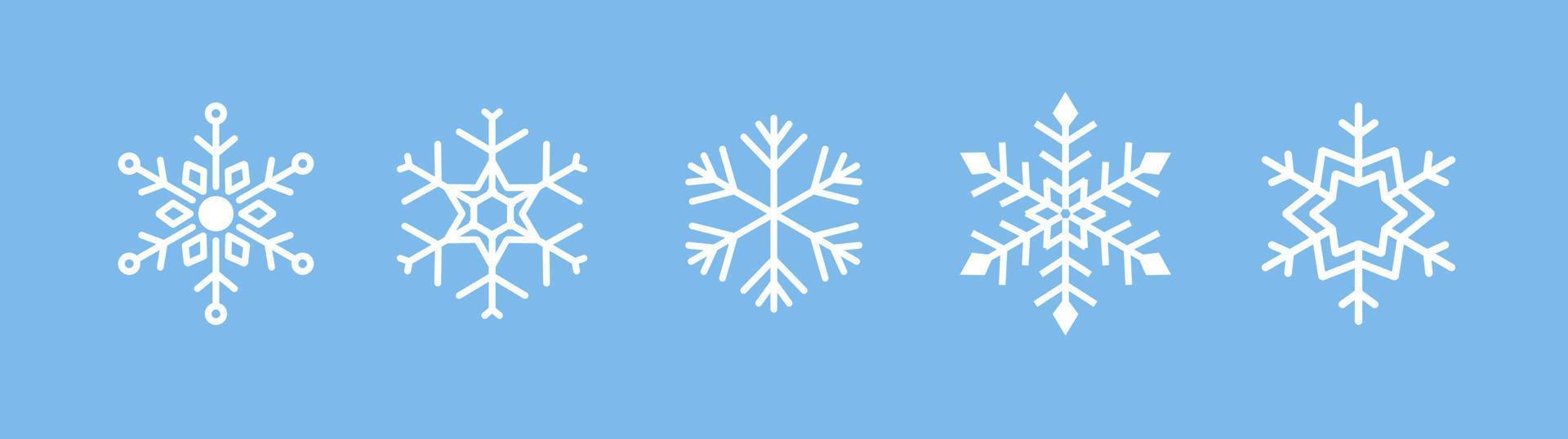 conjunto de iconos de variaciones de copos de nieve de arte de línea plana blanco diseño de elemento de decoración de invierno de navidad vector