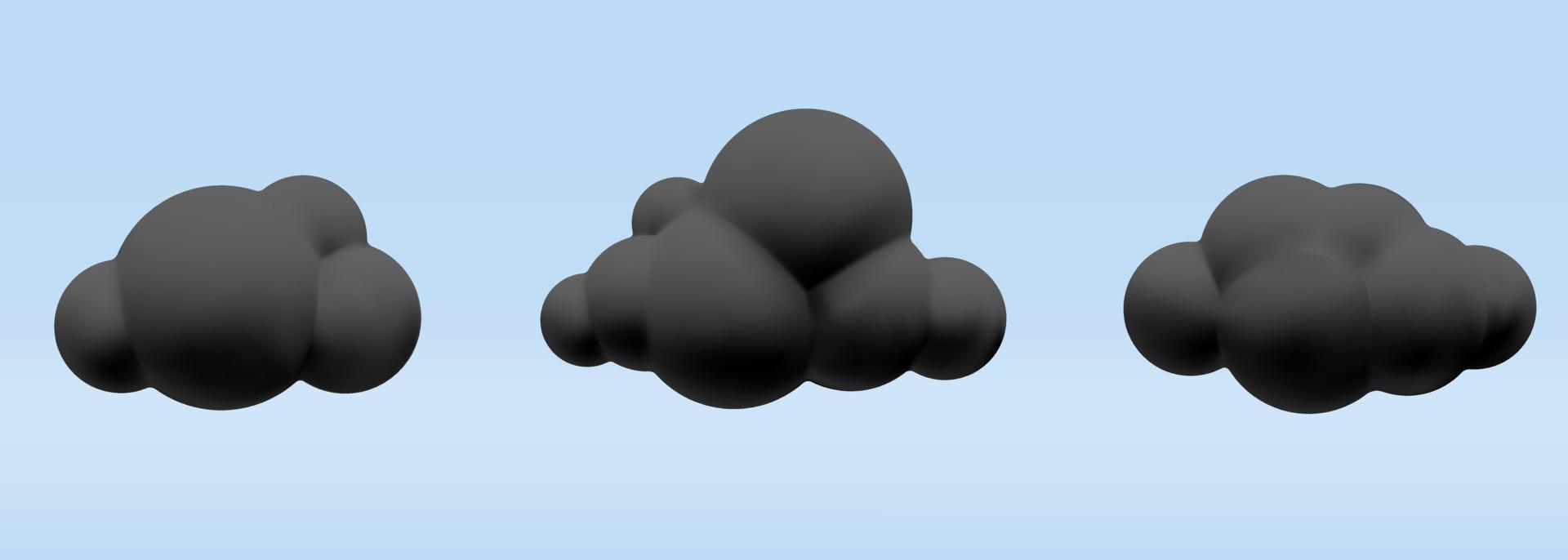 3d vector conjunto de dibujos animados render esponjoso negro nubes oscuras diseño ilustración
