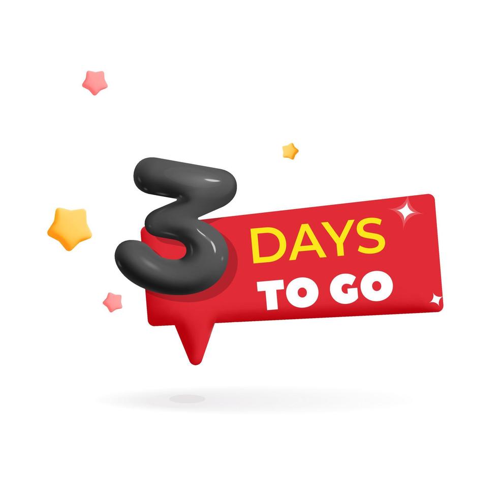 3d vector red countdown label tag badge with black glossy 3 days to go cartoon plastic render banner design illustration