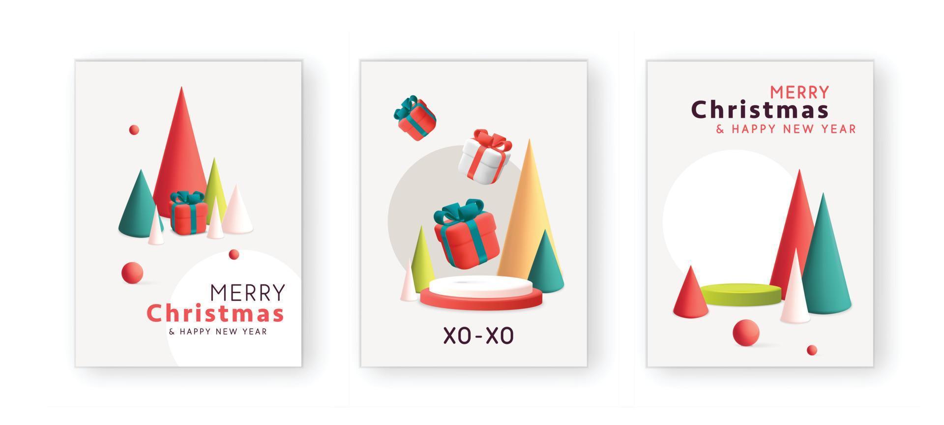 3d vector modern minimal Christmas set of gift greeting cards with pine conus tree, podium and gift boxes design illustration
