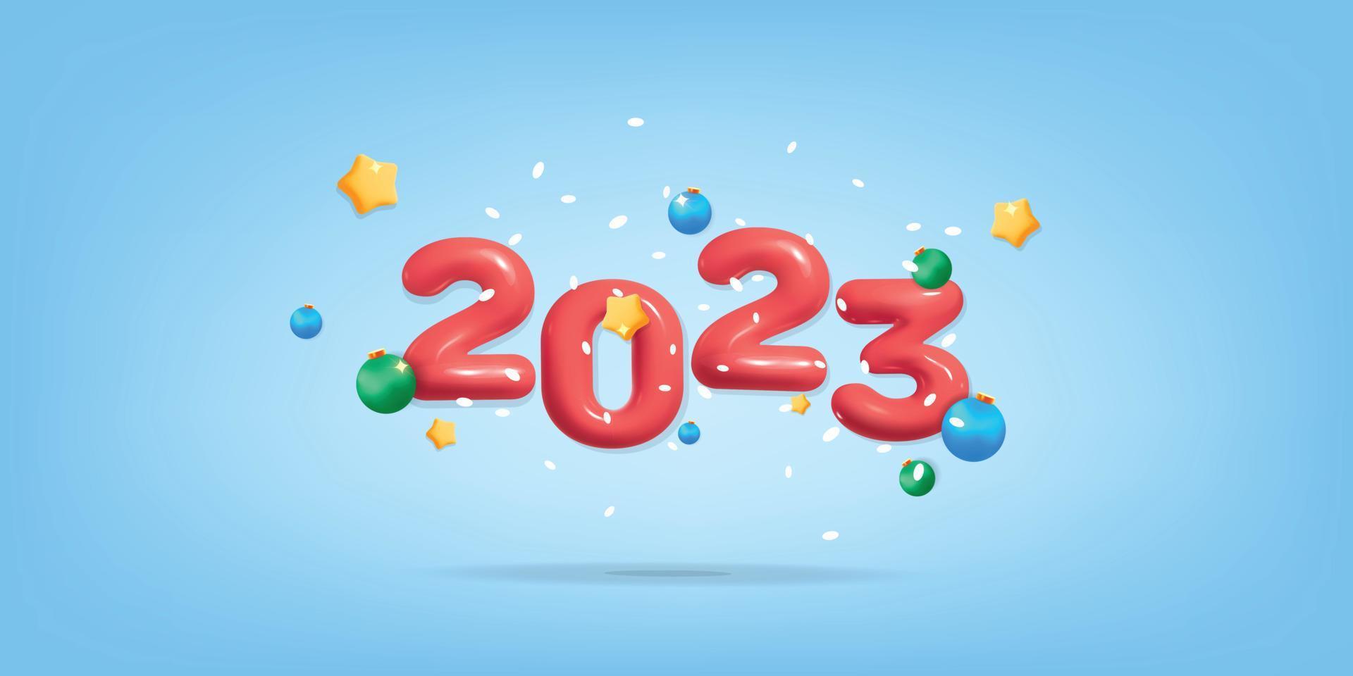 3d vector Happy new Year Merry Christmas 2023 red Number with shiny bauble and eve balls decoration banner design