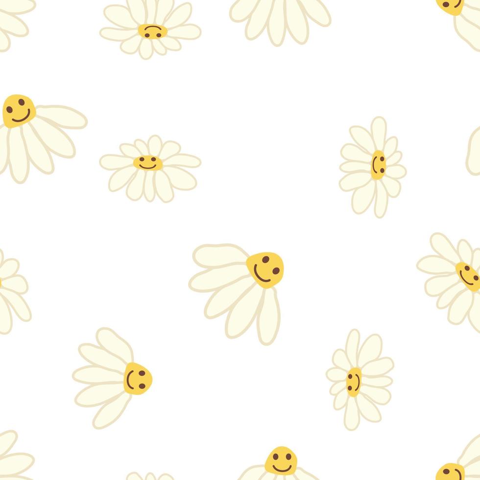 Groovy daisy retro seamless pattern. 70s vibe hippie ornament. Floral wallpaper. vector