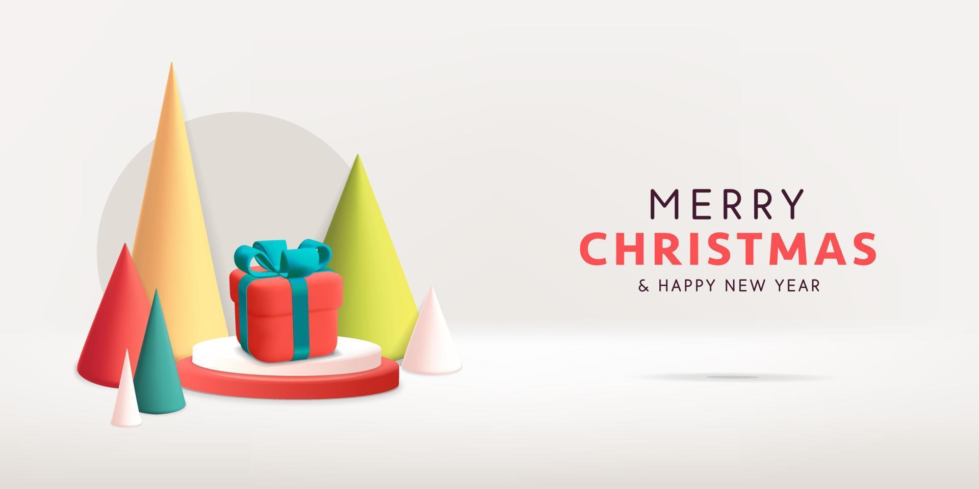 3d vector cartoon render Happy New Year Merry Christmas banner template with cone shape pine trees gift box with ribbon bow  design