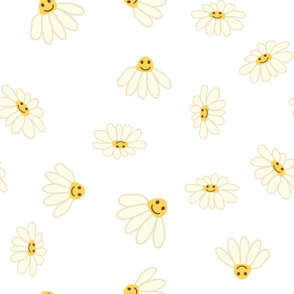 Groovy daisy retro seamless pattern. 70s vibe hippie ornament. Floral wallpaper. vector