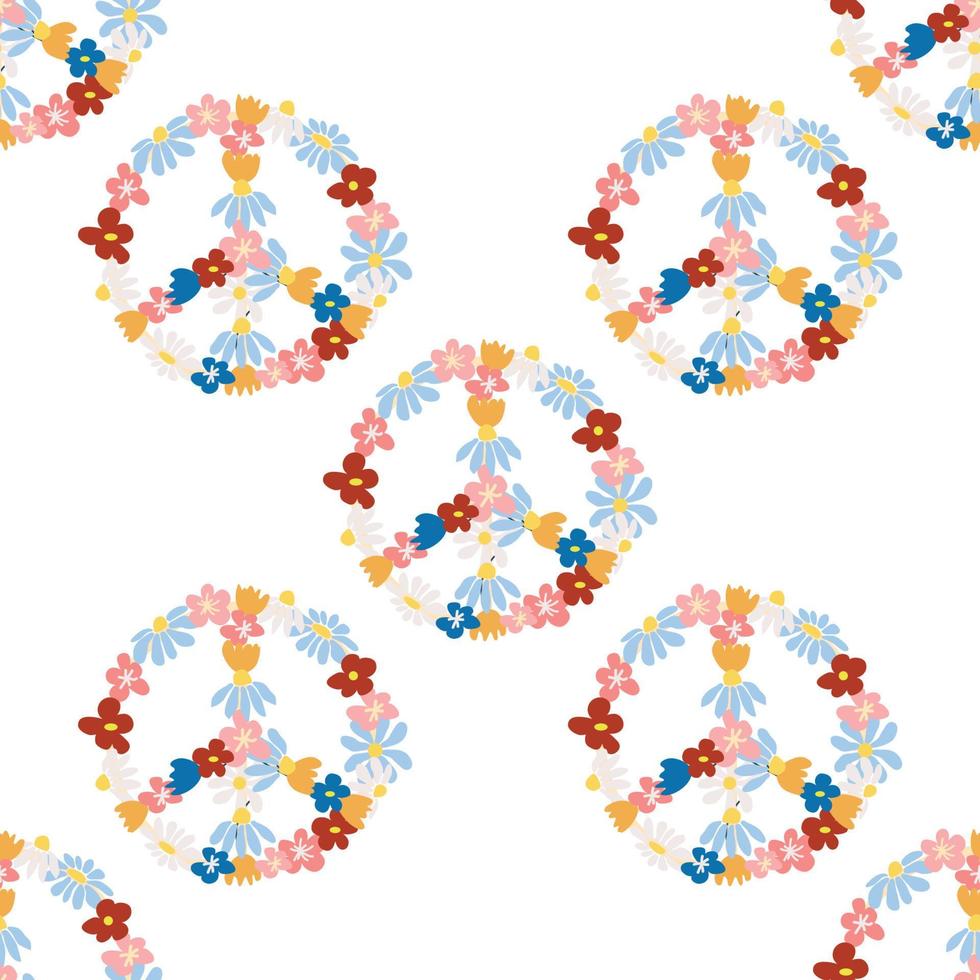 Peace symbol floral retro 70s seamless pattern. Clockwork design in the style of the seventies. vector