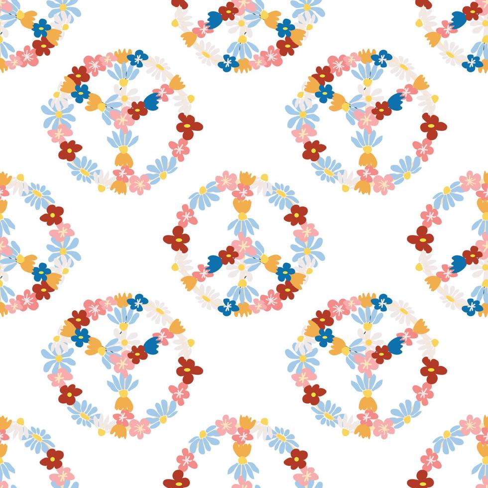 Peace symbol floral retro 70s seamless pattern. Clockwork design in the style of the seventies. vector