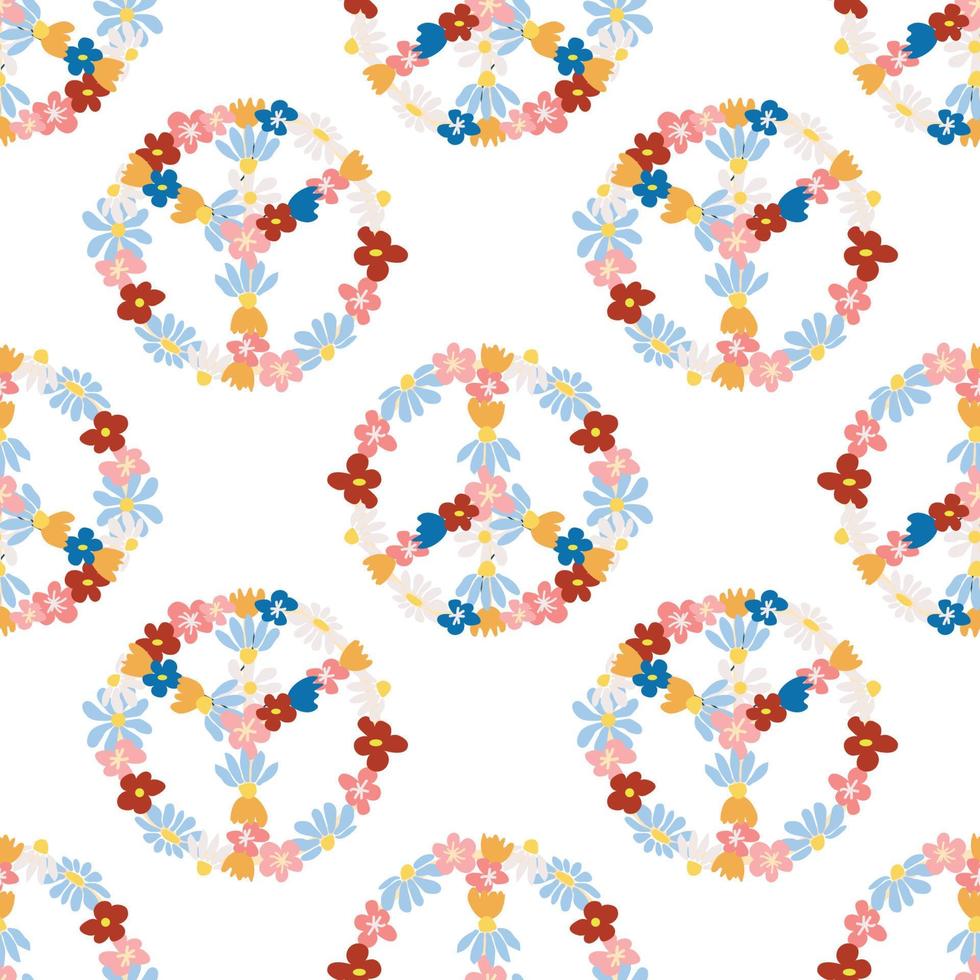 Peace symbol floral retro 70s seamless pattern. Clockwork design in the style of the seventies. vector