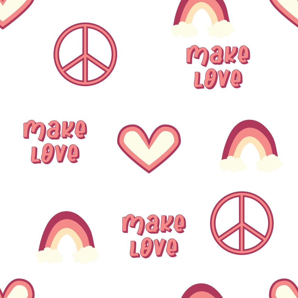 Love heart, peace symbol, rainbow retro 70s seamless pattern. Scattered heart shapes on a swirling background. vector