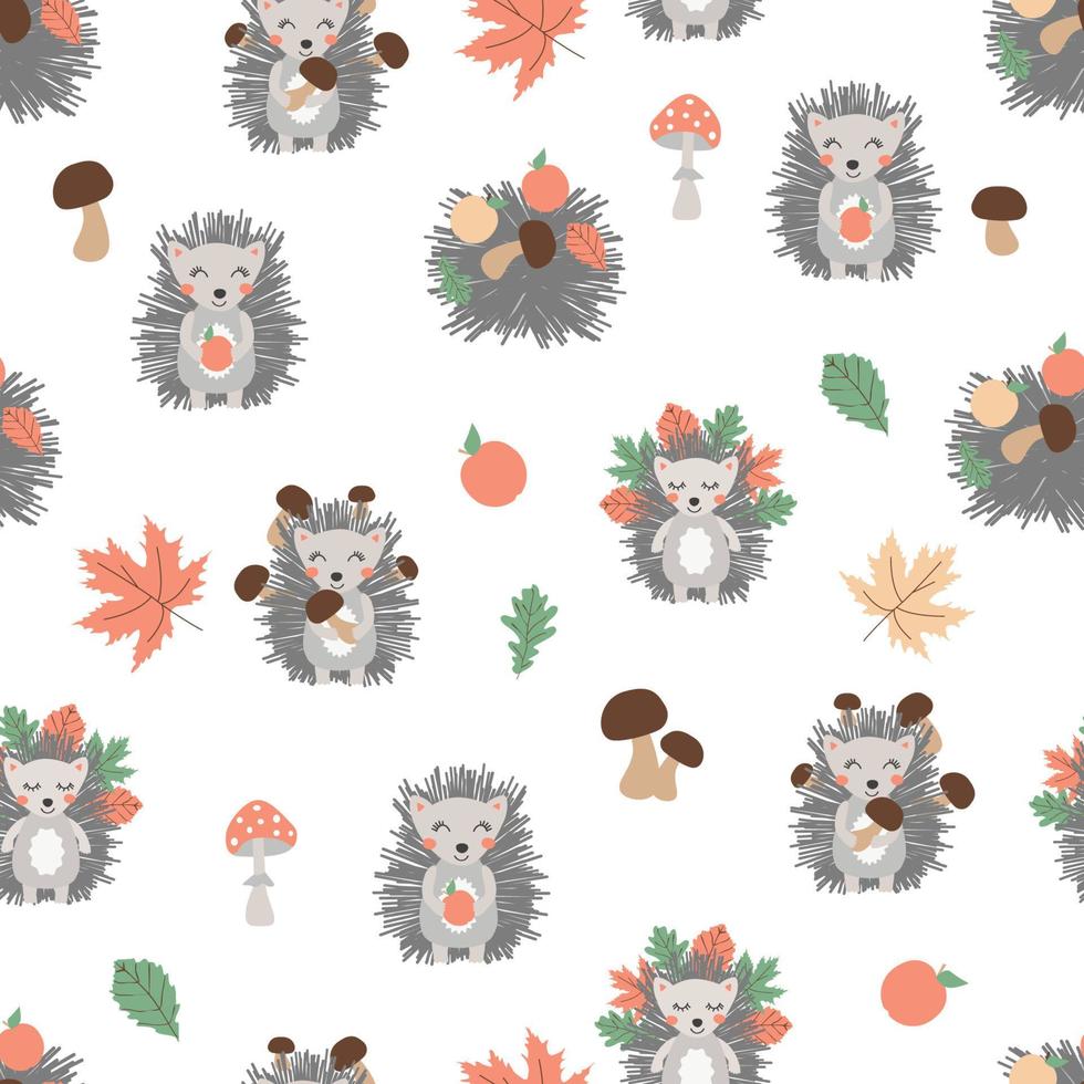 Cute seamless pattern with hedgehog, mushrooms and trees. Hand drawn vector