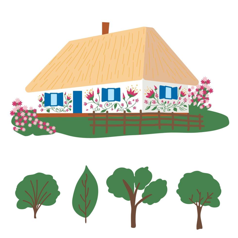 Ukrainian rural house with wooden fence. Ukrainian traditional house with white walls, thatched roof, flower garden and wicker fence. vector